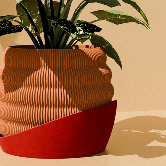 Peace N Joy Hive Textured Planter Pot - Designer Indoor Plant Pot with Sculptural Modern Aesthetic - Terracotta Look with Red Accent Base