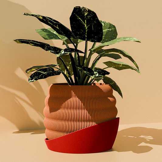 Peace N Joy Hive Textured Planter Pot - Designer Indoor Plant Pot with Sculptural Modern Aesthetic - Terracotta Look with Red Accent Base