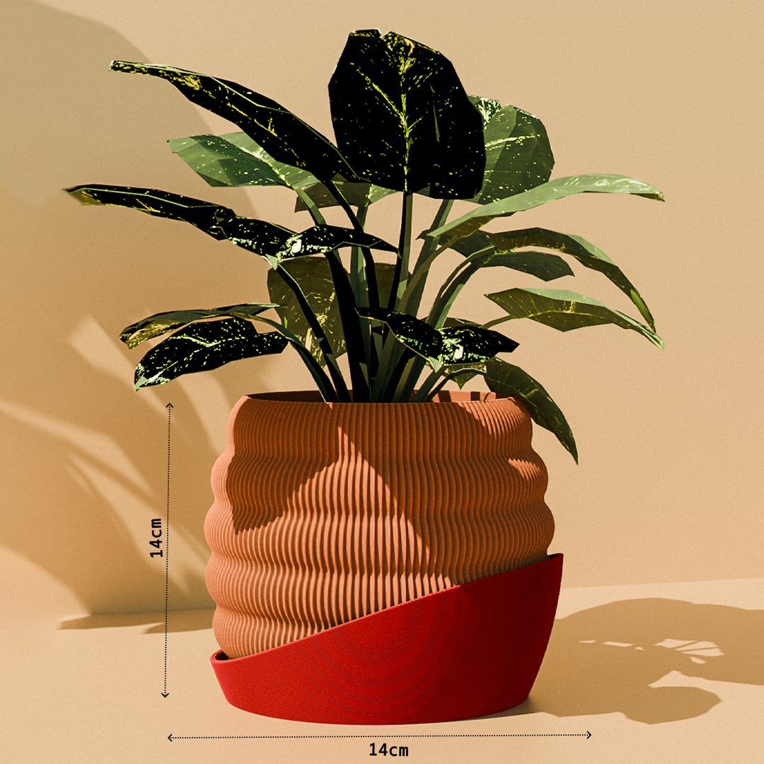 Peace N Joy Hive Textured Planter Pot - Designer Indoor Plant Pot with Sculptural Modern Aesthetic - Terracotta Look with Red Accent Base